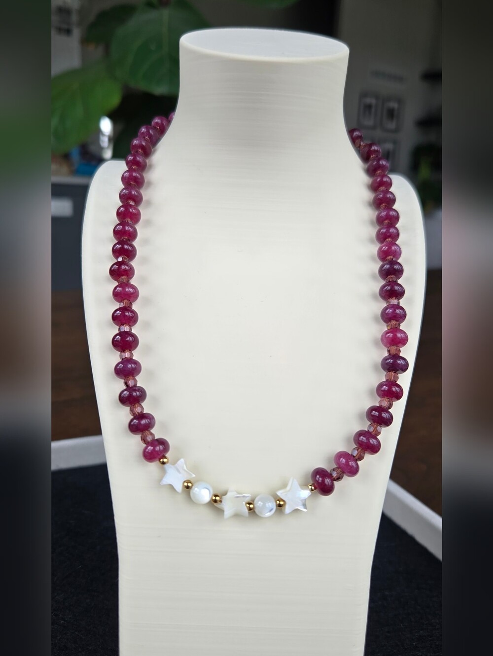 Handcrafted Semiprecious Purple Jade Necklace with Mother Of Pearl Star Accents